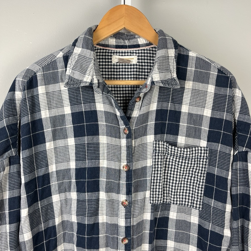 Anthropologie Pilcro Oversized Shirt Top Womens XS/S Navy Blue White Plaid